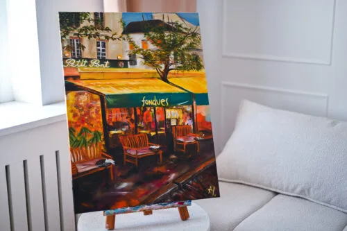 Picture of a painting cafe Petit Pont in Paris. September afternoon vibes. Warm colors: people visible in the cafe talking and drinking.