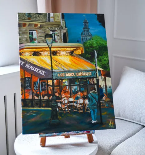 Picture of a painting, Paris in september, late evening, with cafe "les deux theatres". Evening cozy vibes, people in the cafe talking.