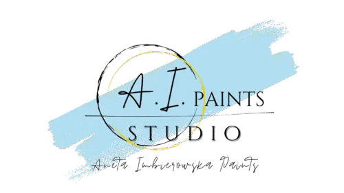 logo A.I. Paints Studio on the blue background, signature of the artist at the bottom "Aneta Imbierowska Paints"